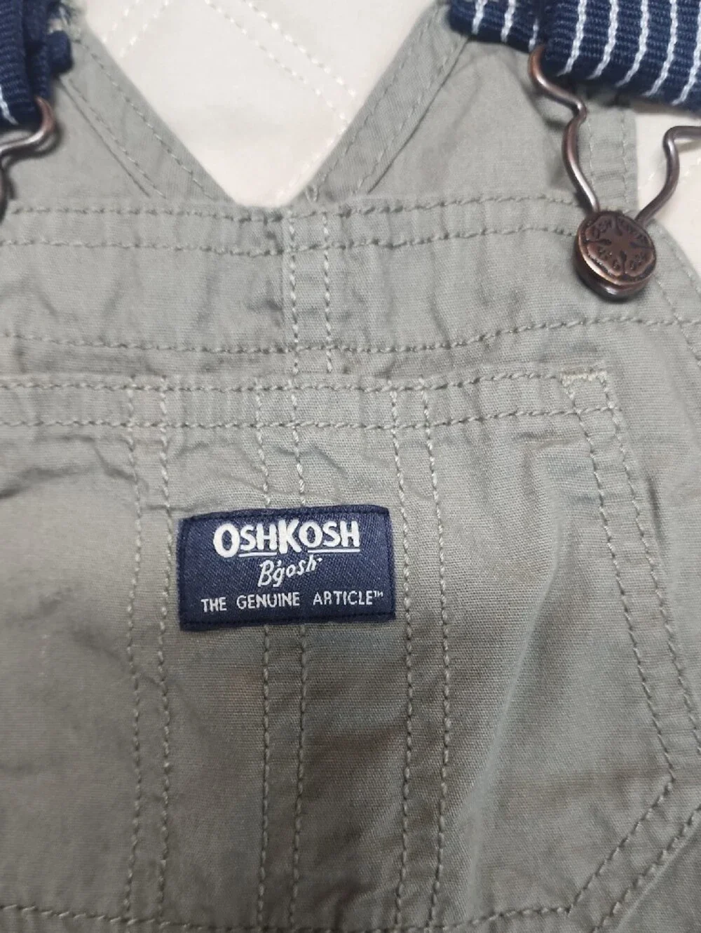 OshKosh B'gosh Olive Green Short Overalls with Navy Striped Straps 24 Months